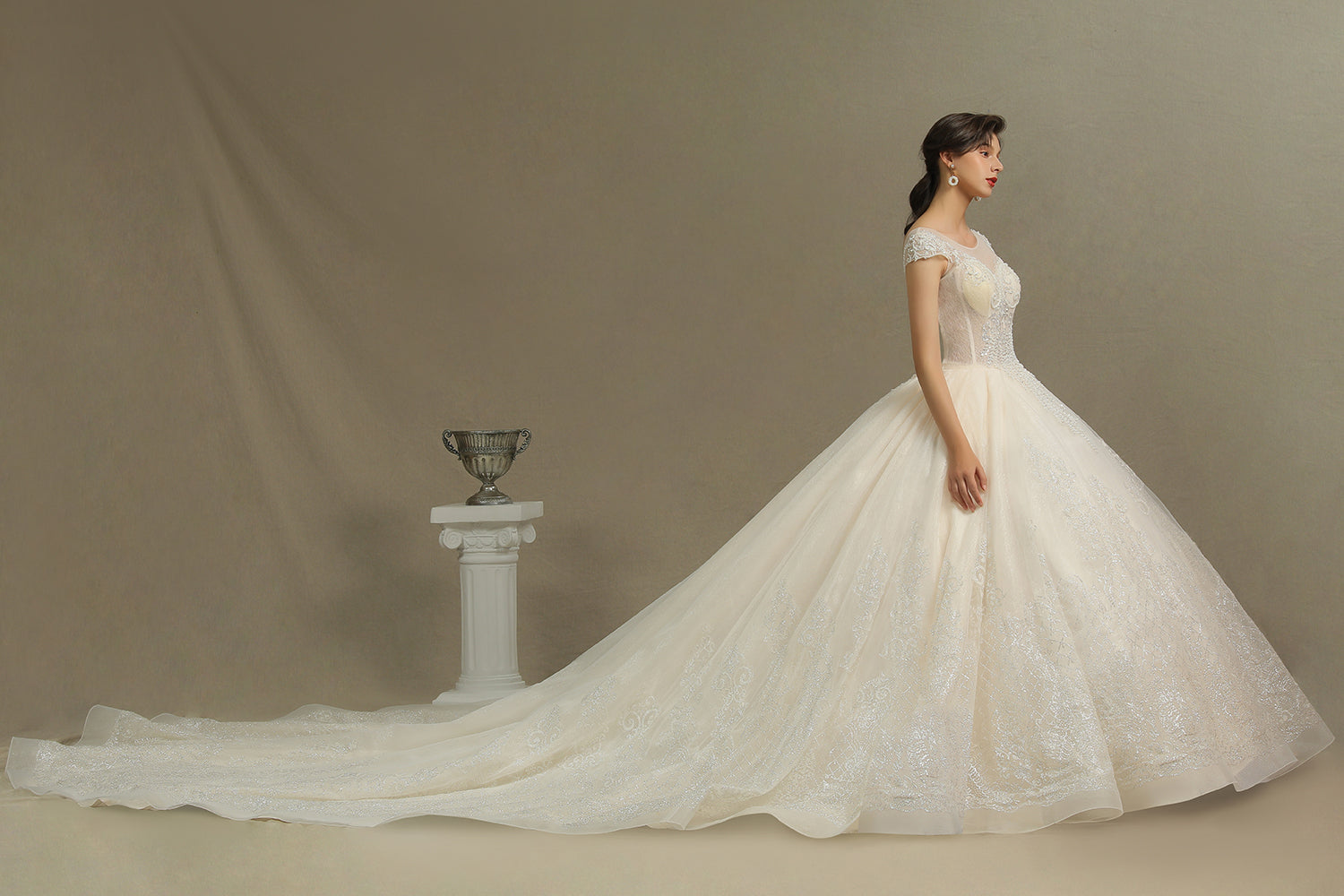 Luxury Long Ball Gown Tulle Lace Appliques Garden Wedding Dresses with Cap Sleeve