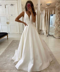 Elegant Long Wide Straps V-neck Ruffles Floor Length A-Line Satin Wedding Dress