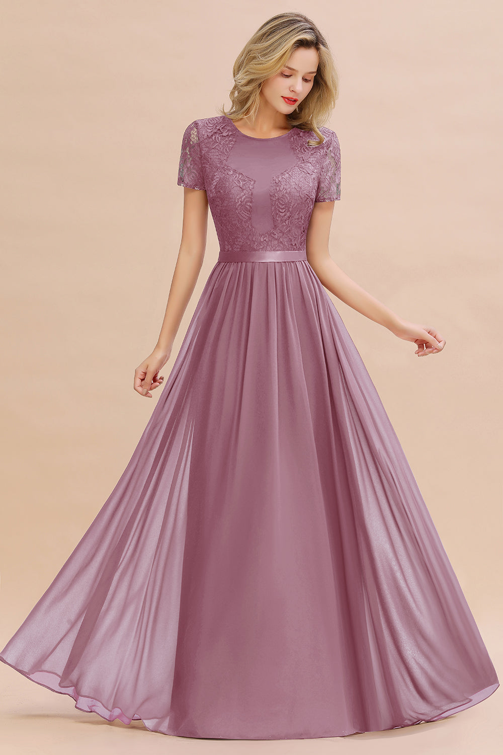 Chiffon Lace Scoop Short Sleeve Bridesmaid Dress