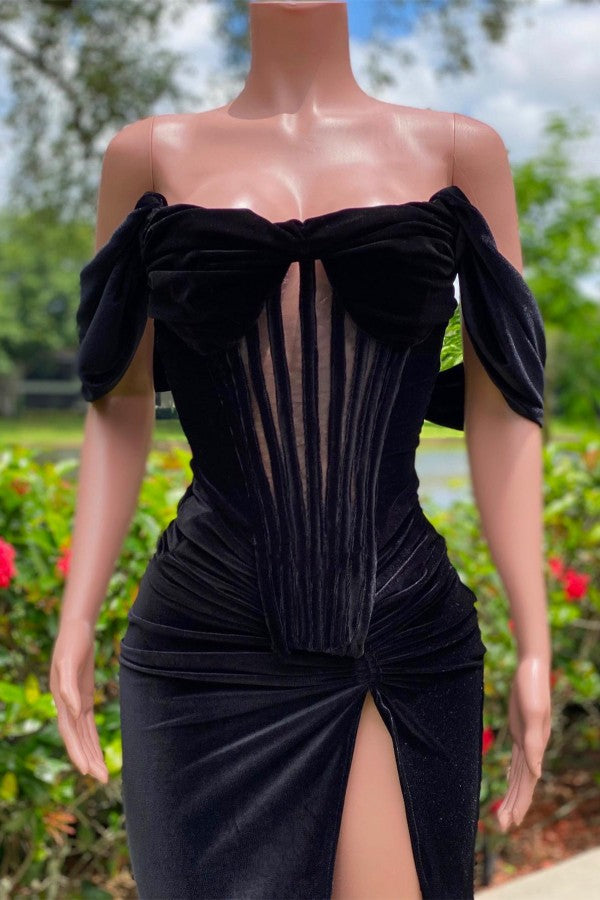 Black Long Mermaid Off the Shoulder Velvet Prom Dress with Slit