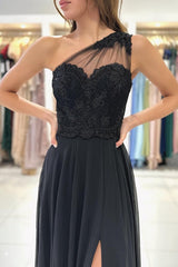Black Long A-line One Shoulder Chiffon Lace Prom Dresses with Slit