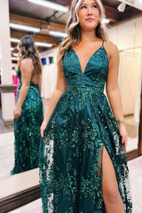 Long A-line V-neck Spaghetti Straps Sleeveless Backless Prom Dresses with Slit