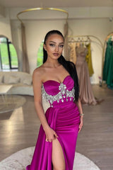 Long Mermaid Appliques Lace Sweetheart Satin Slit Satin Prom Dress