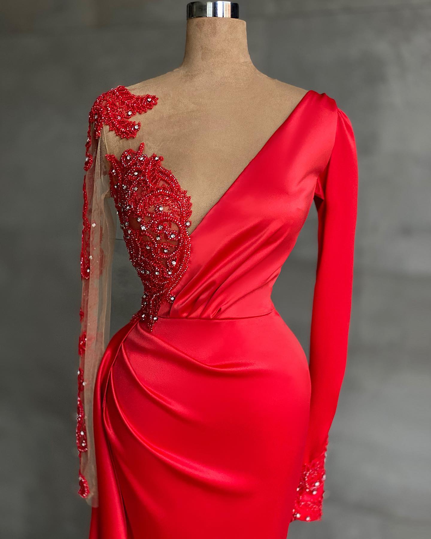 Elegant Long Mermaid V-neck Stretch Satin Side Slit Fomral Dress with Sleeves