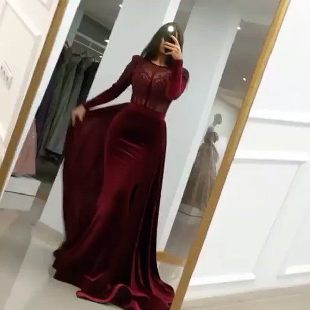 Long Sleeve Appliques Lace Ruffles Velvet Mermaid Formal Evening Dress