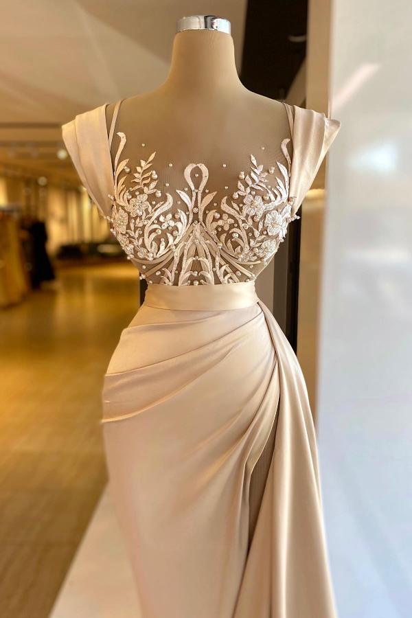 Long Mermaid Straps Sleeveless Satin Lace Formal Prom Dresses with Slit