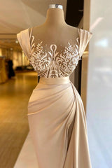 Long Mermaid Straps Sleeveless Satin Lace Formal Prom Dresses with Slit