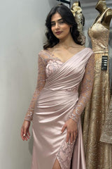 Elegant Long Sleeves V-neck Satin Lace Mermaid Evening Formal Dresses with Slit
