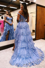 Long A-line Off the Shoulder Tulle Lace Prom Dresses with Slit