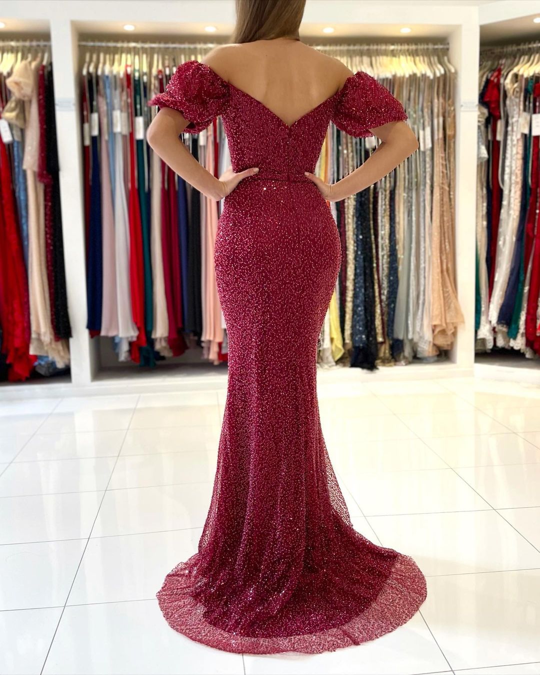 Elegant Long Mermaid Off the Shoulder Sequined Prom Dress with Slit