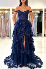 Long A Line Off-the-Shoulder Tulle Appliques Lace Prom Dress with Split Front
