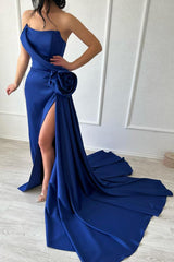 Royal Blue Long Strapless Mermaid Satin Prom Dresses with Slit