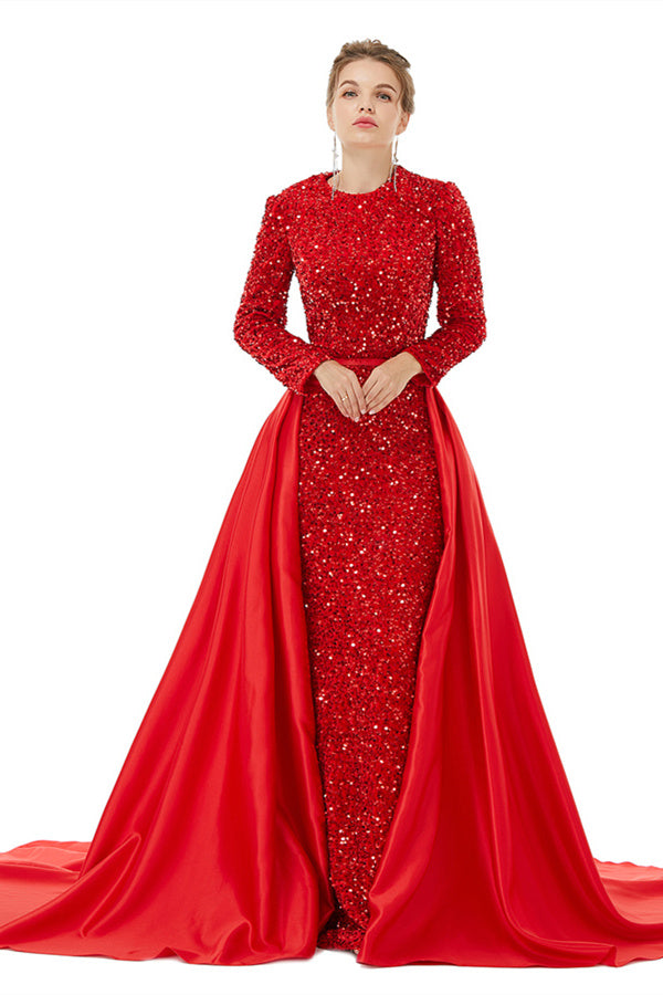 Elegant Long Sleeve Mermaid Sequins Black Formal Evening Dress with Overskirt