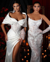 White Long Mermaid Off the Shoulder Satin Prom Dresses with High Split
