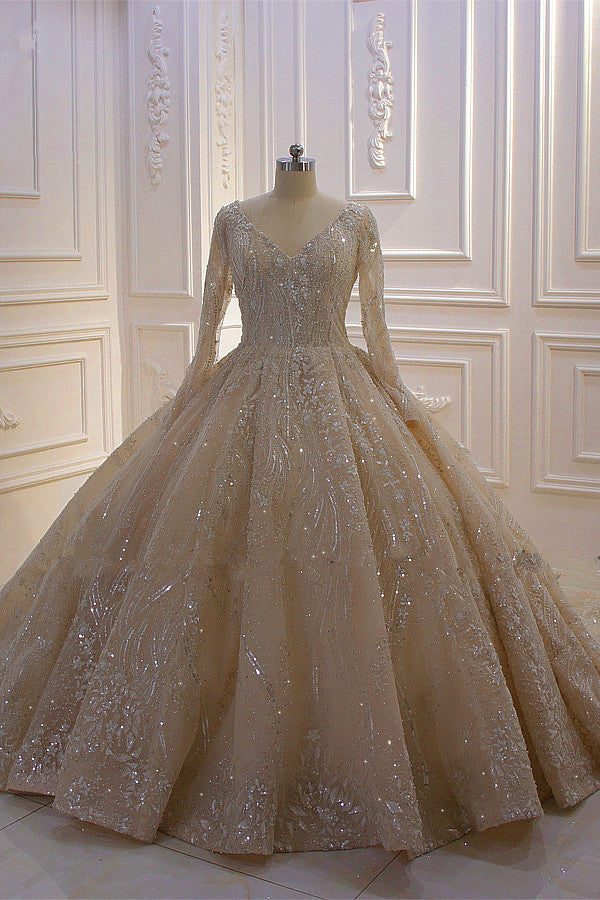 Glamorous Long Sleeve V-neck Sequin Beading Ruffles Ball Gown Wedding Dress