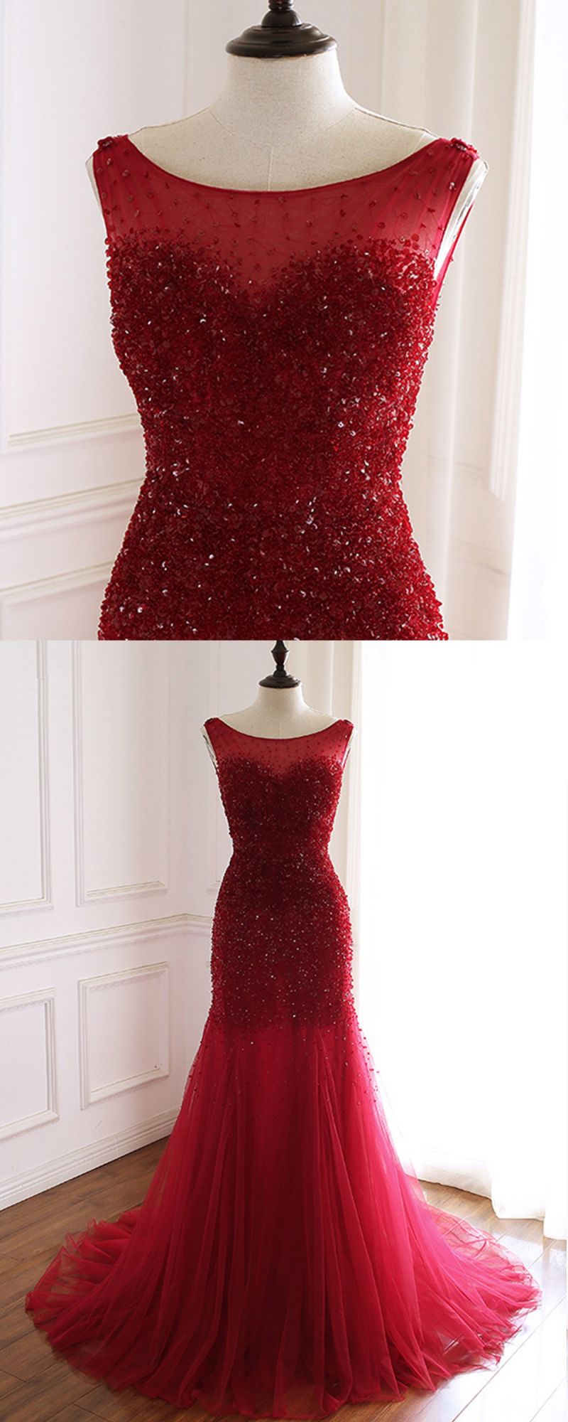 Burgundy Long Tulle Open Back Beaded Mermaid Prom Dress