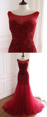 Burgundy Long Tulle Open Back Beaded Mermaid Prom Dress