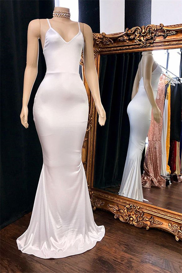 Long Mermaid V-neck Satin Backless Formal Prom Dress