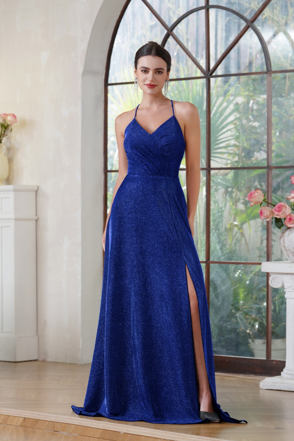 Glitter Long A-line V-neck Halter Front Slit Backless Prom Dresses with Pocket
