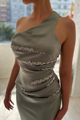 Long Mermaid One shoulder Satin Sleeveless Formal Prom Dress