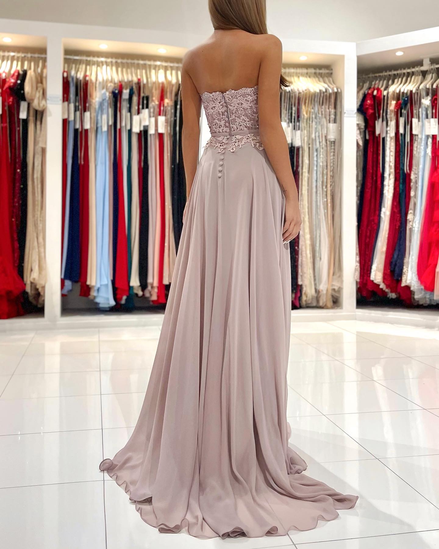 Long A-Line Sweetheart Appliques Lace Chiffon Prom Dress With Side Slit