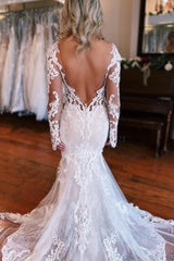 Long Mermaid Sweetheart Tulle Lace Long Sleeves Wedding Dress With Appliques