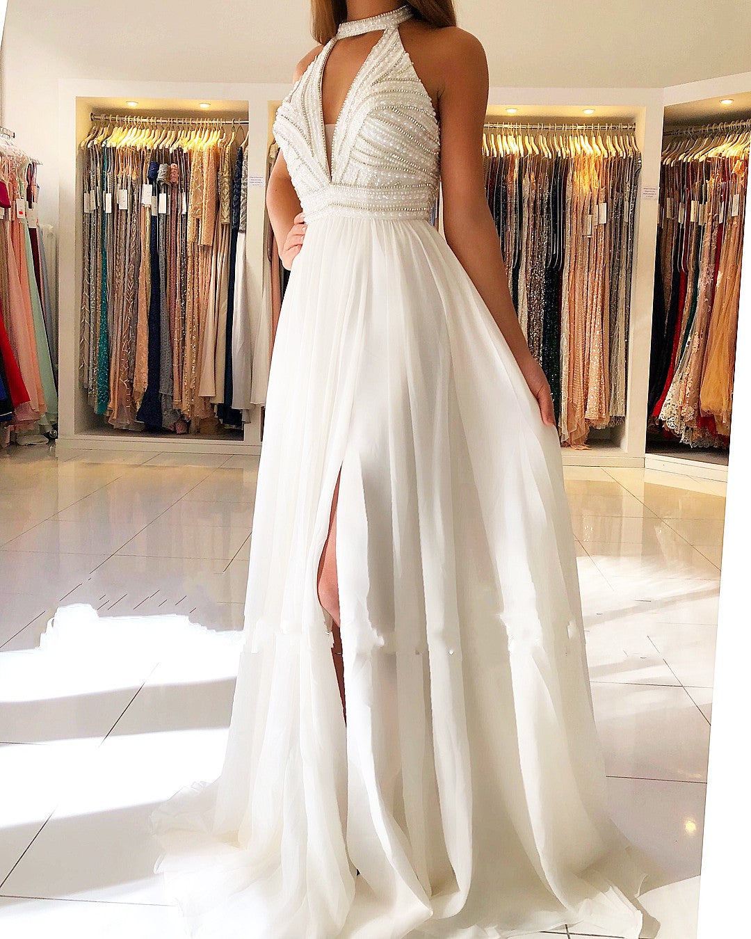 Long Halter Beading Keyhole Backless A-Line Prom Dress With Side Slit