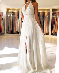 Long Halter Beading Keyhole Backless A-Line Prom Dress With Side Slit