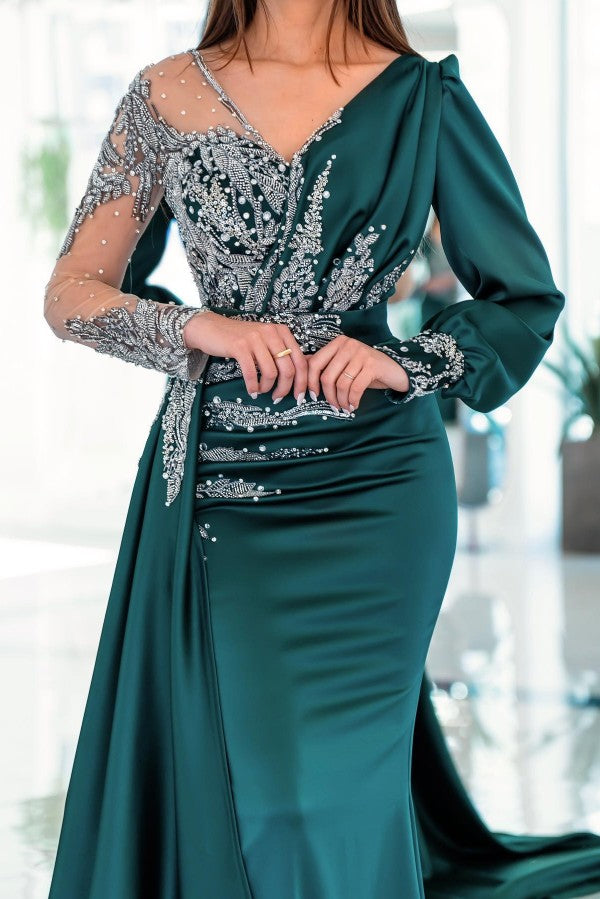Long Mermaid V-neck Satin Beading Formal Evening Dresses with Sleeves