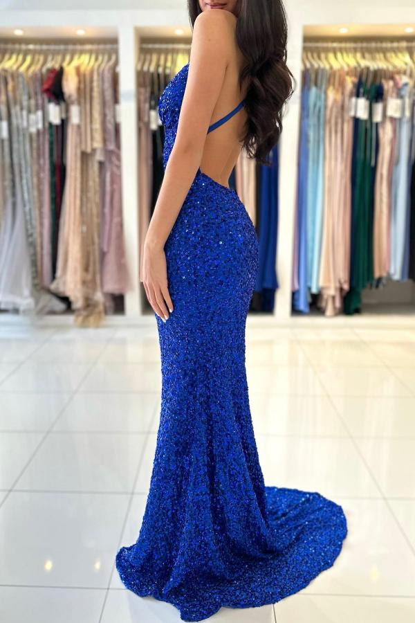 Royal Blue Long Mermaid V-neck Backless Sequined Formal Prom Dresses