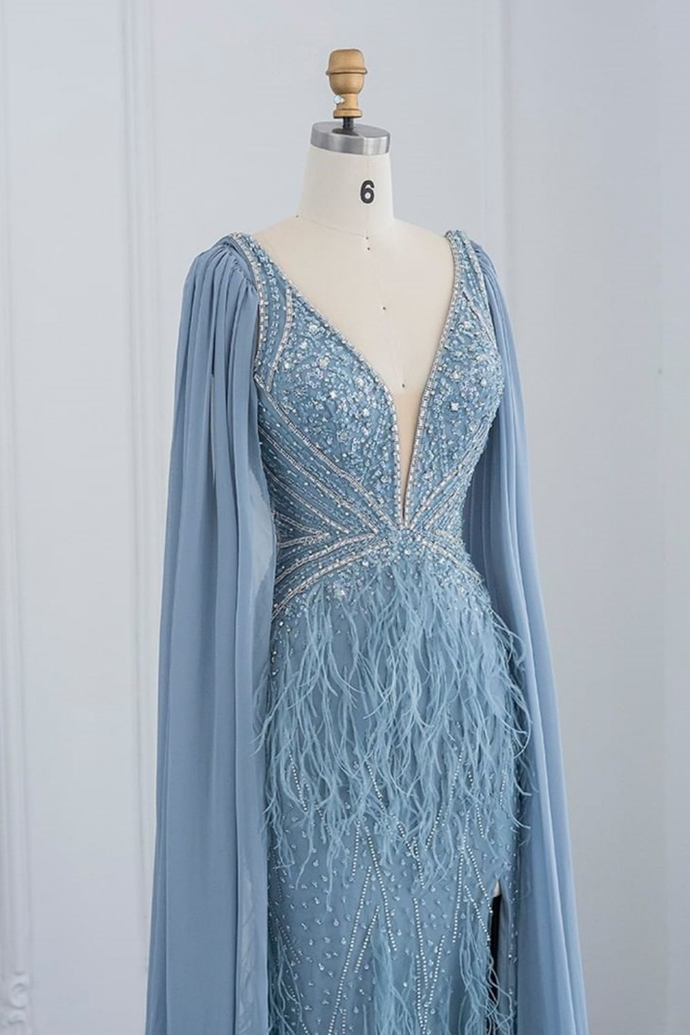 Long Mermaid V-Neck Fur Beadings Front Slit Formal Evening Dresses with Cape Sleeves