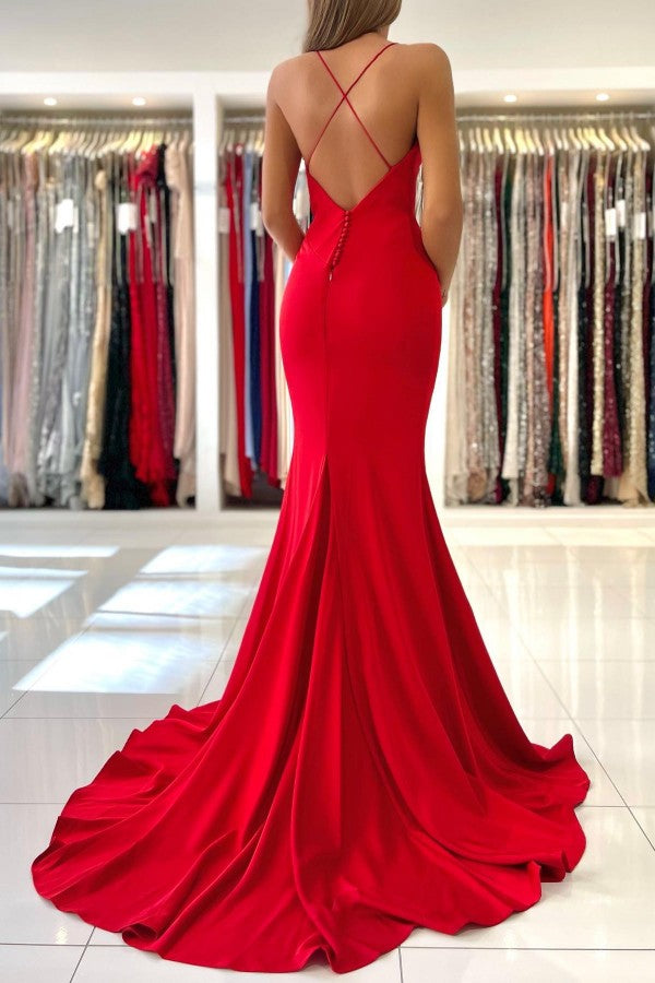 Simple Long Mermaid V-neck Open Back Spaghetti Straps Prom Dresses