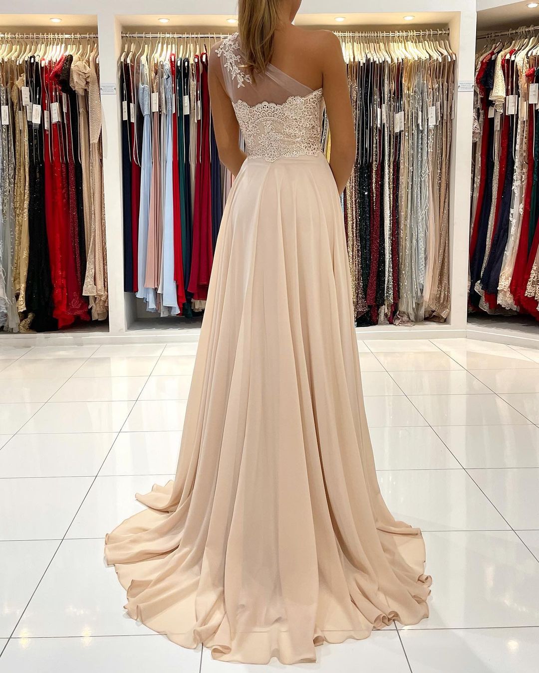 Simple Long A-line Chiffon One Shoulder Front Slit Prom Dress