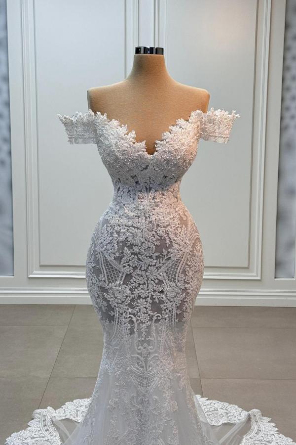 Off The Shoulder Lace Sweetheart Mermaid Long Wedding Dress