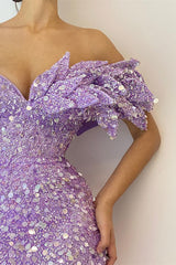 Lilac Long Mermaid Sequin One Shoulder Prom Dresses with Slit