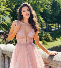 Long A-line V-neck Spaghetti Straps Beading Tulle Backless Prom Dress