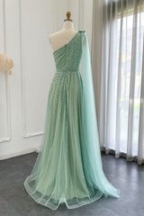 Luxury Long A-line One Shoulder Shinny Beadings Tulle Formal Prom Dresses