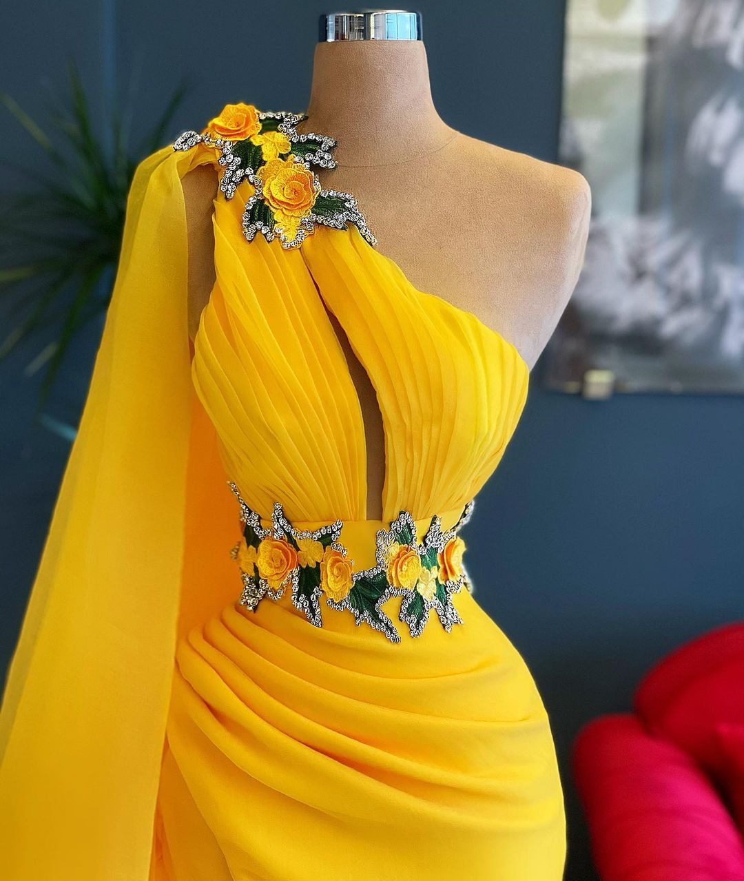 Long One Shoulder Beading Ruffles Floor Length Split Tulle Mermaid Prom Dress