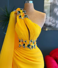 Long One Shoulder Beading Ruffles Floor Length Split Tulle Mermaid Prom Dress