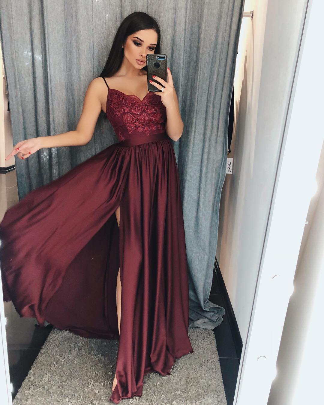 Long A-Line Ruffles Spaghetti Straps Beading Floor Length Prom Dress With Side Slit