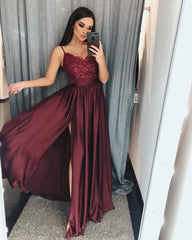 Long A-Line Ruffles Spaghetti Straps Beading Floor Length Prom Dress With Side Slit