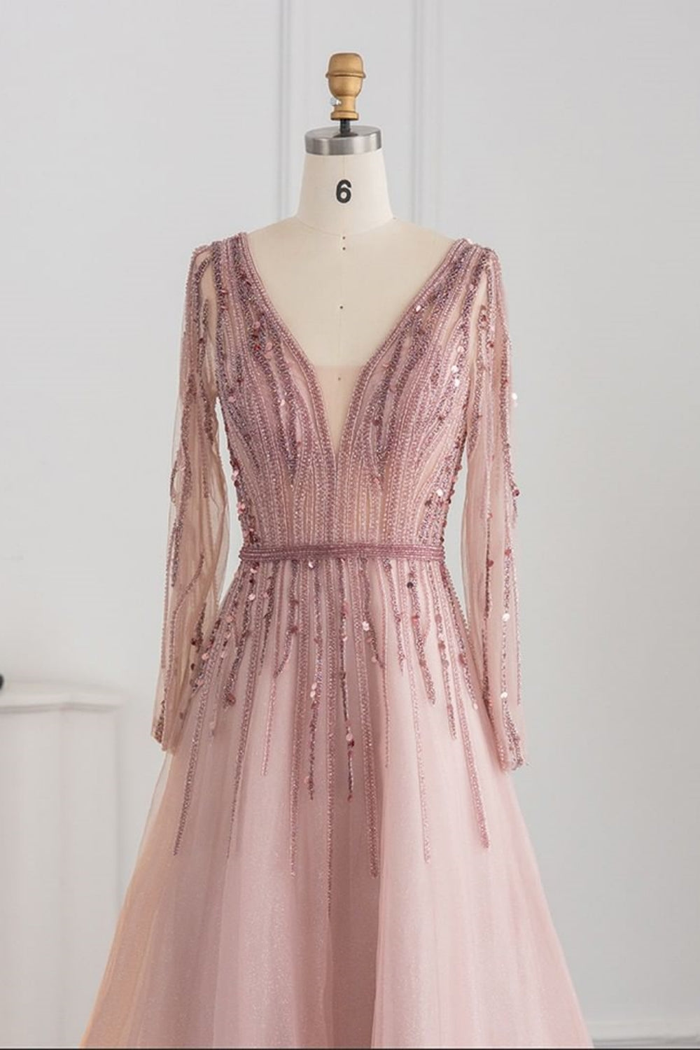 Long A-line V-neck Sequins Beading Tulle Formal Prom Dresses with Sleeves
