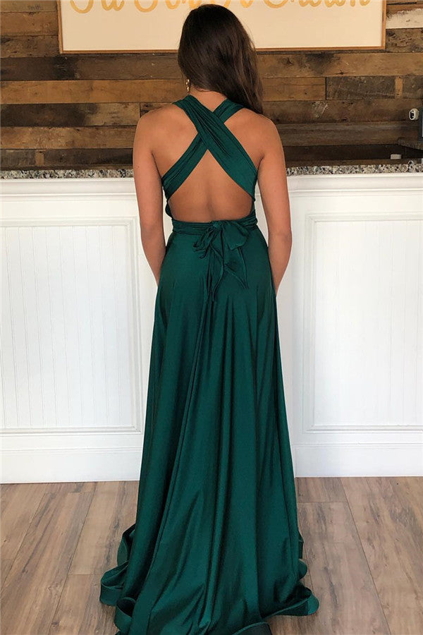 Long Halter Wide Straps A-Line Floor Length Ruffles Prom Dress With Side Slit