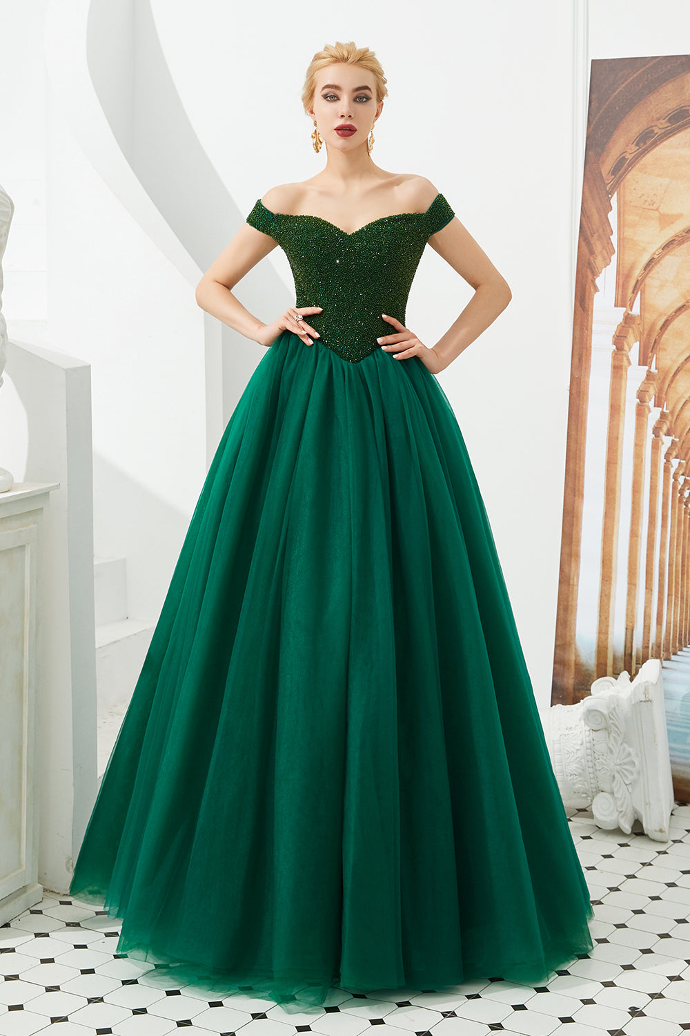 Long A-line Off the Shoulder Tulle Sequin Formal Dresses