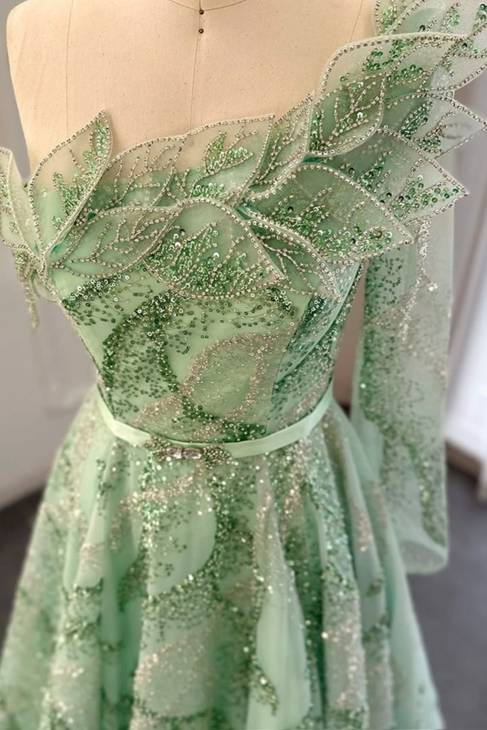Luxury Long A-line One Shoulder Shiny Sequins Formal Prom Dress with Sash