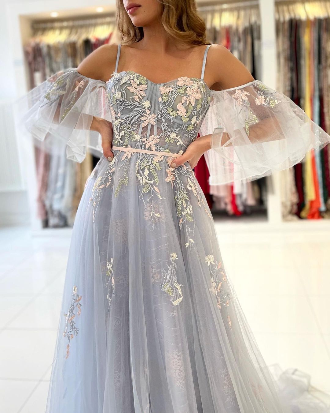 Elegant Long A-line Off the Shoulder Tulle Floral Lace Formal Prom Dress