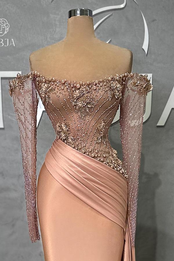 Long Mermaid Off the Shoulder Satin Beadings Formal Prom Dress with Sleeves