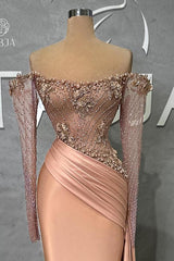 Long Mermaid Off the Shoulder Satin Beadings Formal Prom Dress with Sleeves
