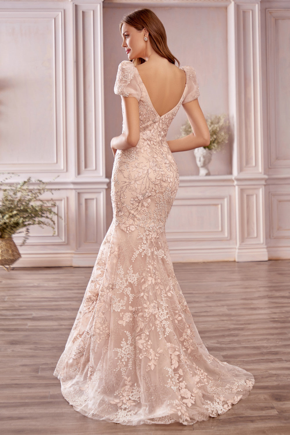 Long Mermaid Sweetheart Backless Appliques Lace Prom Dress with Short Sleeve