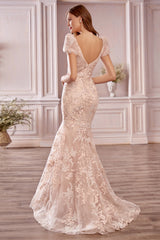 Long Mermaid Sweetheart Backless Appliques Lace Prom Dress with Short Sleeve